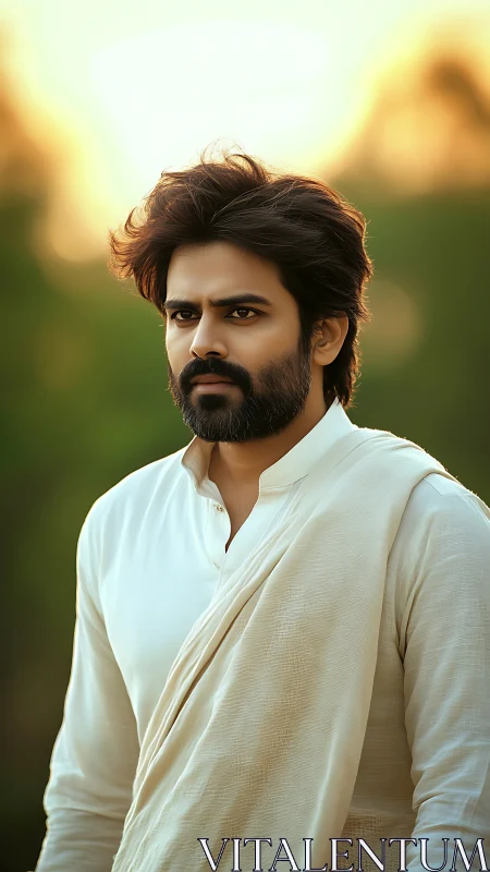 Bearded man in white traditional attire under warm sunset