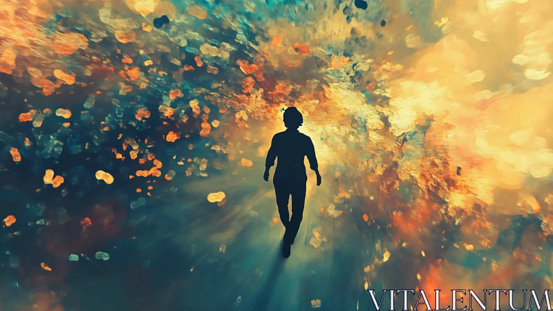 Silhouetted figure traverses luminous abstract vortex of bokeh particles