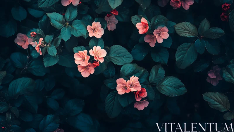 Deep teal foliage frames coral blossoms in moody botanical composition.