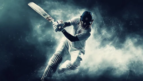Dynamic cricket batsman mid-swing in dramatic backlit haze