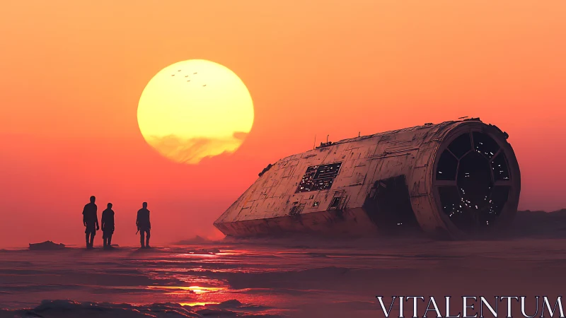 Explorers study crashed starship under intense desert sunset