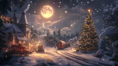 Moonlit Christmas train arrives at snow-covered village.