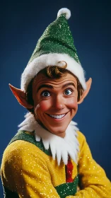 Sparkle-cheeked Christmas elf grins under glittering hat.