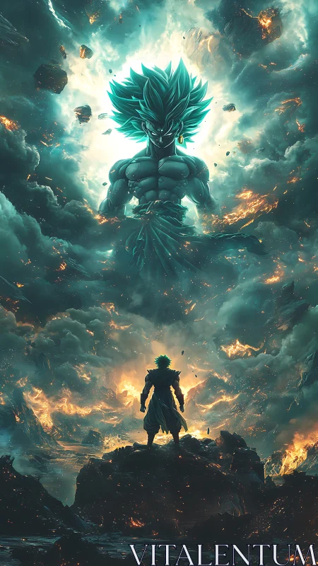 Celestial energy figure over lone warrior in stormed sky.