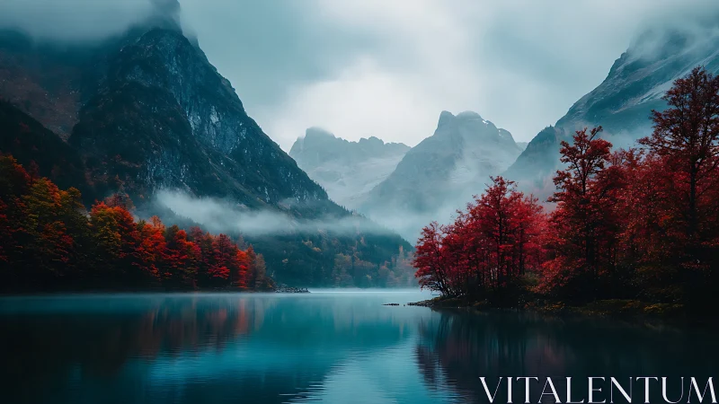 Mist-layered alpine lake with cyan water and scarlet foliage.