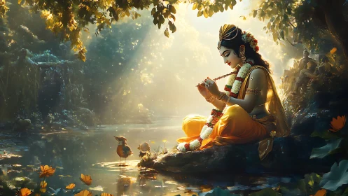 Serene flute player resting by a golden forest pond at dawn.