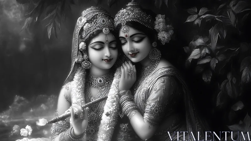 Monochrome depiction of two adorned figures in foliage.