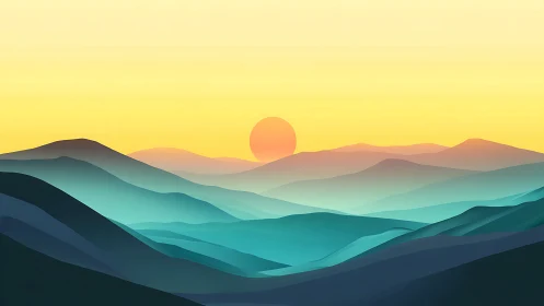 Layered gradient mountainscape with minimal sun geometry.
