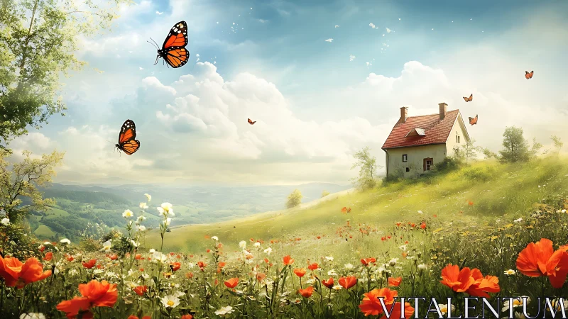 Butterflies move above hillside wildflowers near a small house