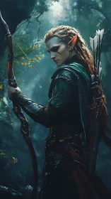 Forest-born elven archer pausing in a hush of green light.