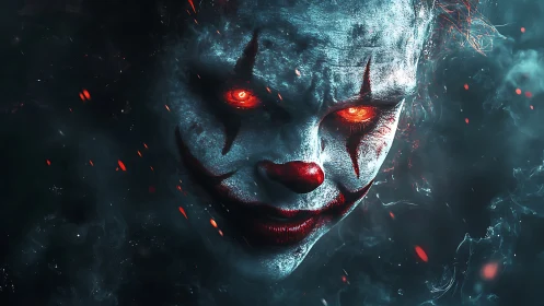 Demonic clown portrait with glowing ember eyes in smoky void