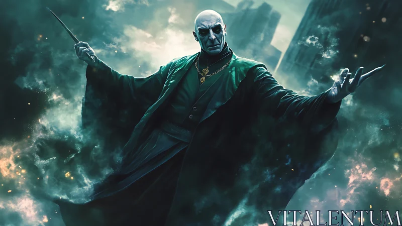 Dark cloaked sorcerer commands swirling green storm magic