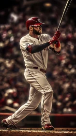 Right-handed batter poised in dramatic stadium lighting.