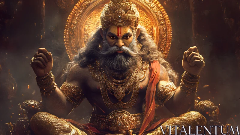 Seated mythic warrior deity on ornate golden throne.