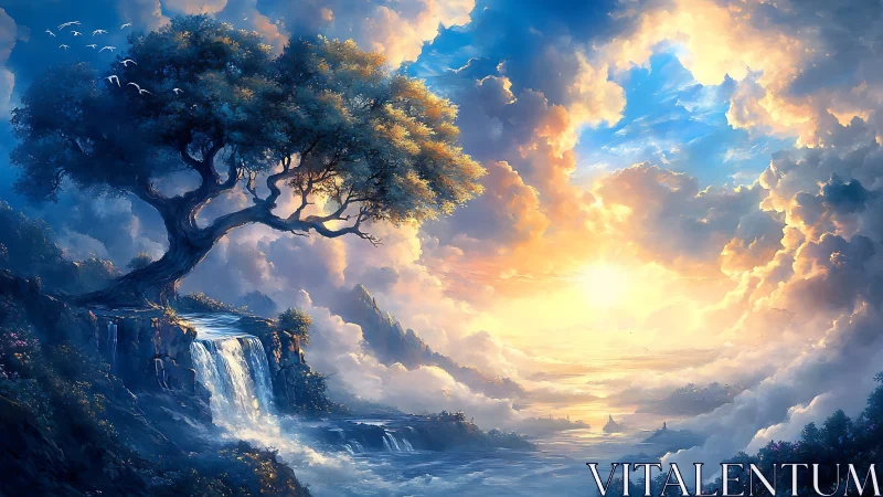 Solitary cliff tree overlooks radiant sunrise above clouds