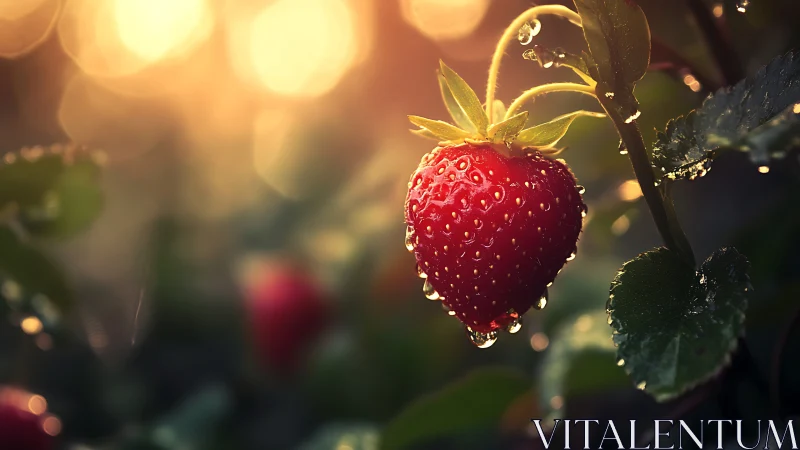 Sunlit strawberry glistening with fresh morning dewdrops.