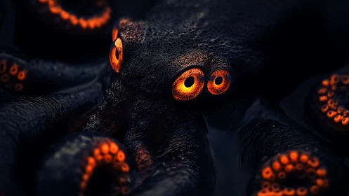 Midnight abyss octopus with ember-bright watching eyes.
