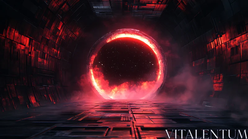 Luminous red warp gate opens in a dark industrial corridor