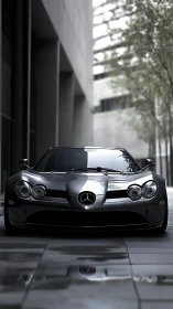 Silver Mercedes sports car parked in modern city plaza.