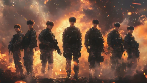 Seven armed soldiers stand silhouetted against infernal firestorm