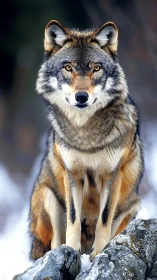 Front-facing gray wolf in sharp telephoto focus on snowy rocks