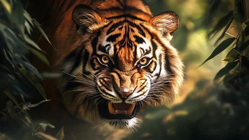 Tiger faces viewer with bared teeth in dense foliage