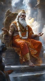 Regal sage in orange robes on ornate celestial throne.