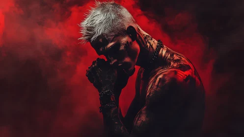 Cyberpunk red-lit portrait with chiaroscuro side profile focus.