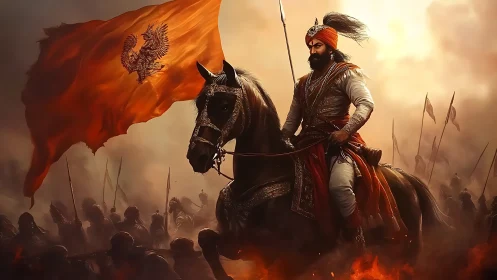 Armored cavalry commander rides through smoky battlefield with banner