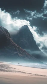 Towering misty cliffs rise over tranquil pastel shoreline.