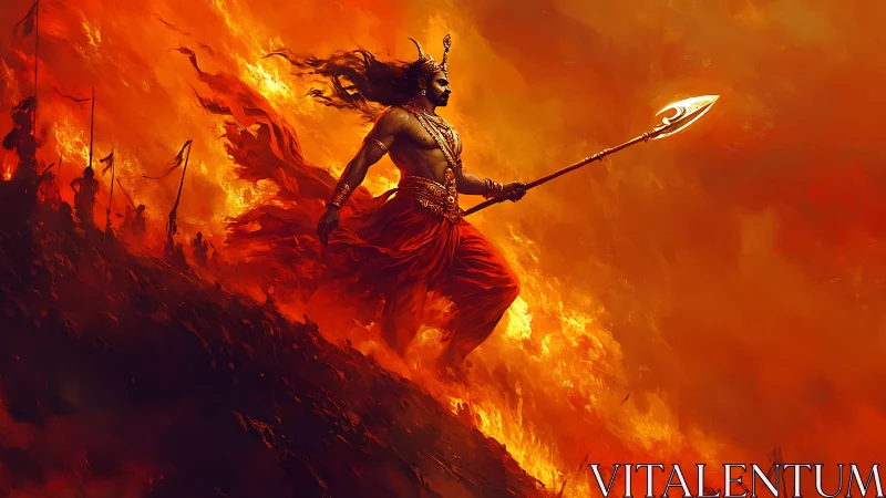 Digital painting of mythic warrior striding through inferno slope.