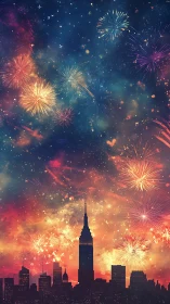 Fireworks burst above silhouetted city skyline at night