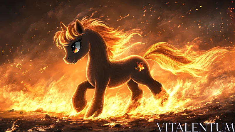 Fiery cartoon pony trotting through bright blazing flames.