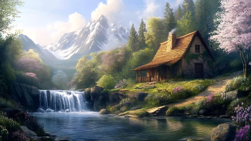 Digital cottage landscape beside waterfall under mountains.