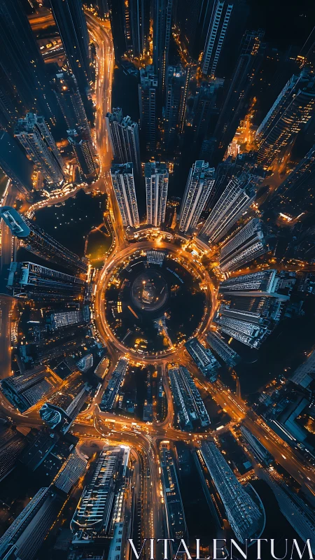 Night aerial view of circular city intersection and towers.