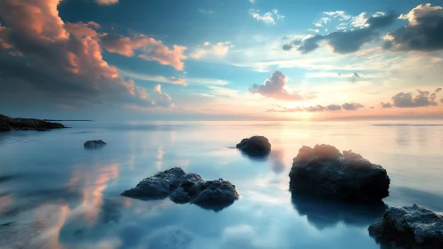 Calm rocky shoreline under colorful sunset sky.