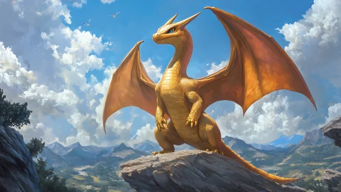 Sunlit dragon monarch surveys bright kingdoms below