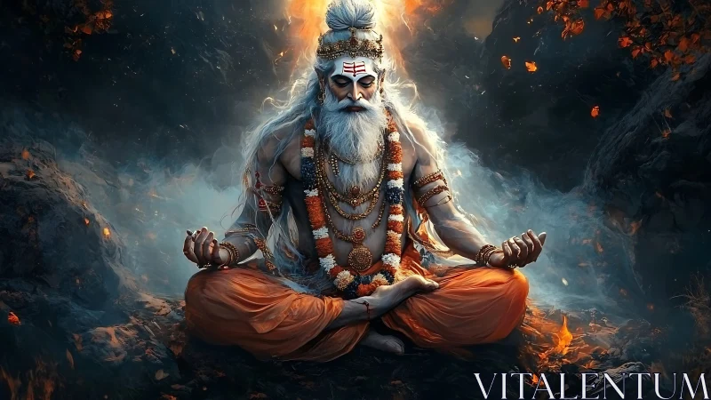 Meditating ascetic figure in fiery rocky environment.