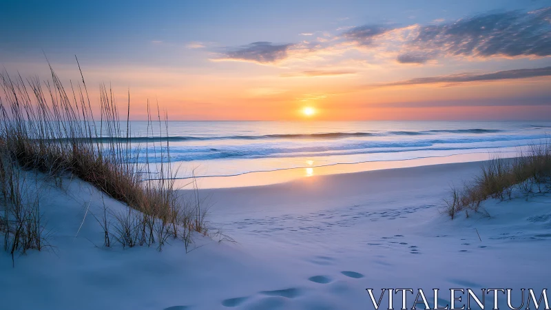 Coastal sand dunes and Atlantic shoreline at pastel sunrise