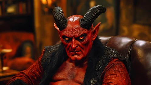 Horned demon lounges in a cozy, firelit fantasy den.