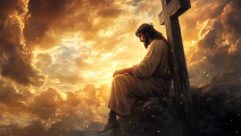 Jesus figure resting by wooden cross in glowing sky scene.
