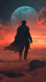 Lone desert wanderer crossing crimson sands beneath twin moon.