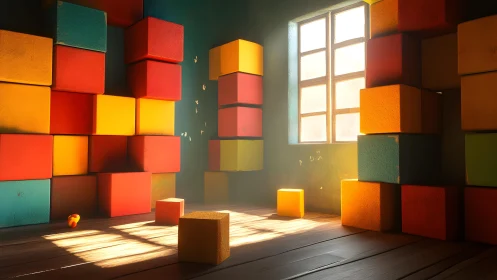 Sunlit fortress of toy blocks in a quiet, dust-dancing room.