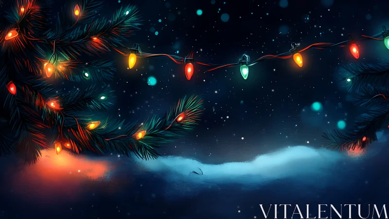 Cozy winter night lights twinkling above quiet snowdrifts.