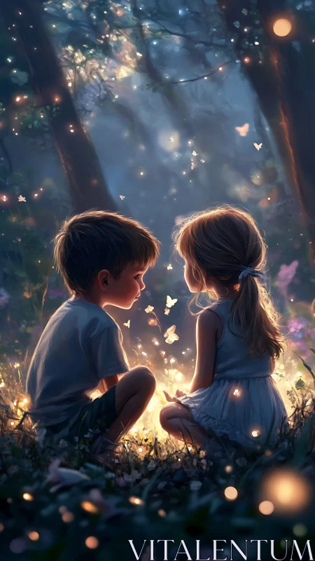 Two children sit in magical forest with glowing fireflies and luminescent mist