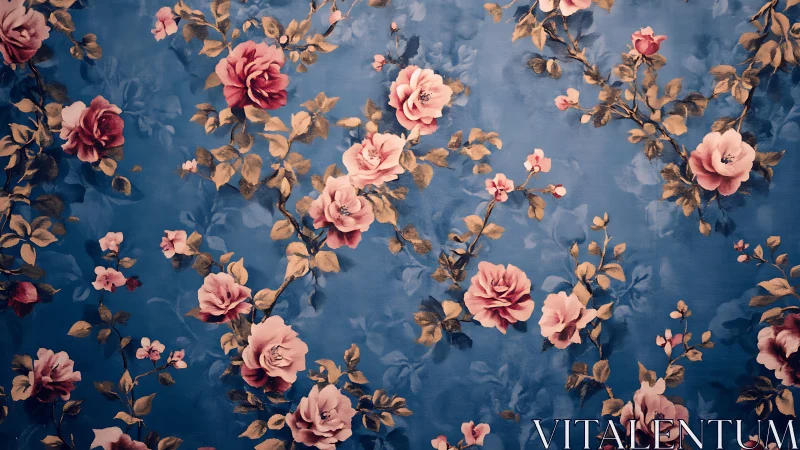 Soft pink roses drift across a dreamy blue vintage wall