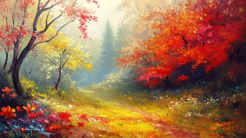 Gentle forest path glows beneath rich autumn colors and light