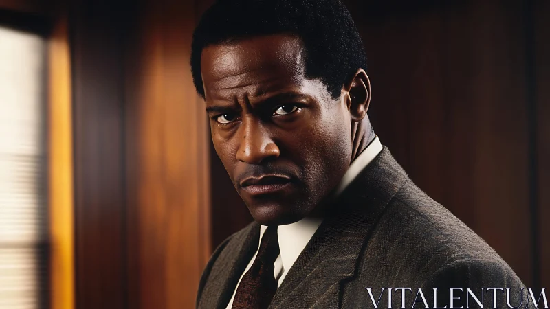 Steely eyed investigator in a wood paneled office hush.