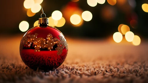 Red glass bauble with warm bokeh lights on soft carpet.
