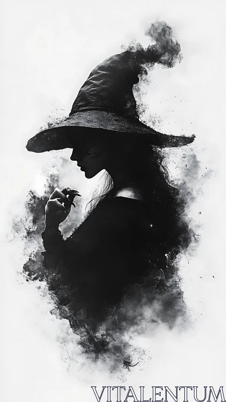Silhouette of witch in smoke with pointed hat and crow.